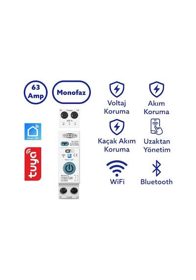 Tomzn Akıllı Kaçak Akım ve Voltaj Akım Koruma Rölesi 63A Wifi Özellikli Smartlife