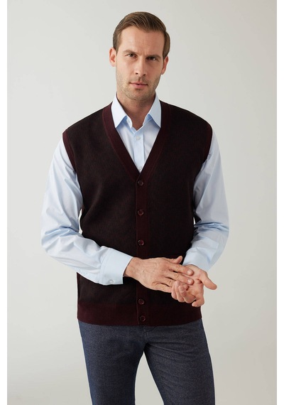 Erkek Koyu Bordo Regular Fit Desenli Yün Karışımlı Triko Yelek