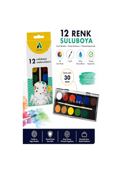 12 Renk Sulu Boya 30mm 1 Paket Adel 12 Li Suluboya Fırça Hediyeli Canlı Renkler Kaliteli Yıkanabilir Zararsız Büyük Boy Çok Renkli 12 Renk Sulu Boya 30mm 1 Paket Adel 12 Li Suluboya Fırça Hediyeli Canlı Renkler Kaliteli Yıkanabilir Zararsız Büyük Boy Çok Renkli