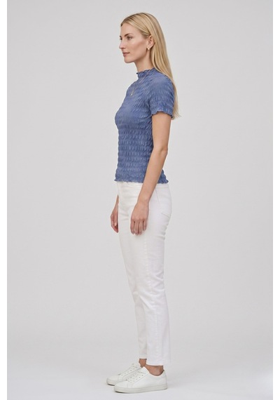 Kadın Mavi Büzgülü Dokulu Bluz Slim Fit Kısa Kol Yüksek Yaka Esnek Modern Şık Üst Bluz