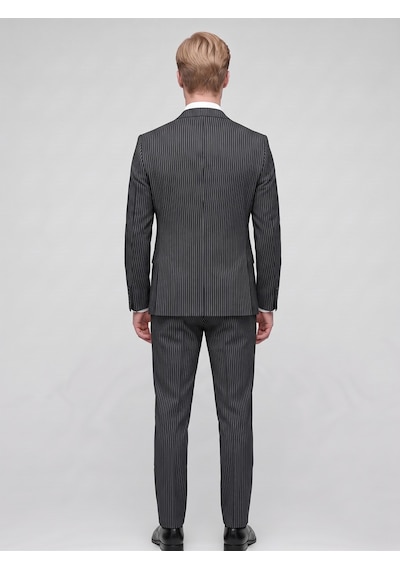 Tk6890 Erkek Çizgili Takım Elbise Slim Fit Modern Kesim Şık Klasik Ceket Pantolon Takım Siyah