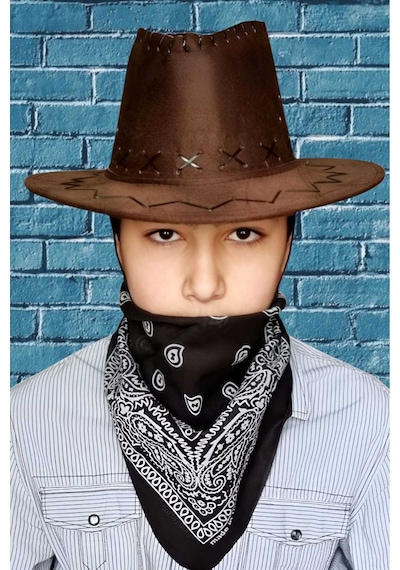 Uniquetrenders Çocuk Unisex Bandanalı Nubuk Kovboy Şapkası 8-14 Yaş Kahverengi 3