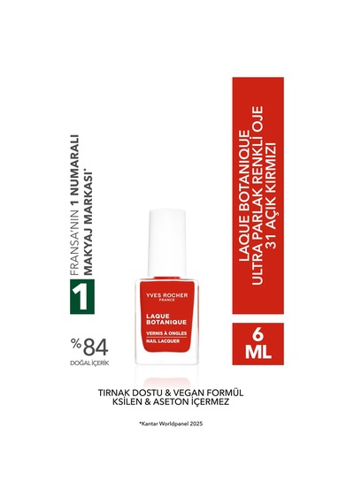 Yves Rocher Laque Botanique Ultra Parlak Renkli Vegan Oje - 31 Açık Kırmızı Tırnak Dostu & Vegan