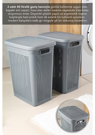 2'li Kirli Çamaşır Sepeti Seti - 40 Litre Kapaklı Delik Detaylı Stash Slim Kirli Sepeti Gri Gri