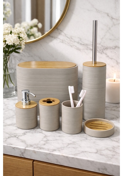 Makri Home 6 Parça Toprak Banyo Seti, Bambu Detaylı, 8l Çöp Kovası 24x26x16 Cm Kahverengi