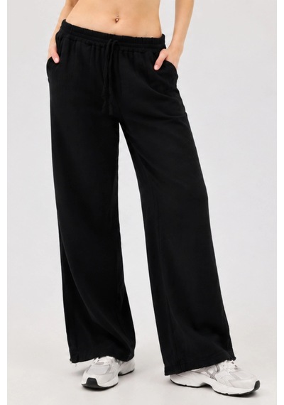 Dıanna Kadın Beli Lastikli Wide Leg Müslin Pantolon %100 Pamuk Geniş Bol Paça Rahat Ofis & Günlük Stil Siyah