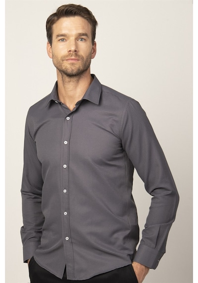 Tudors Modern Fit Uzun Kol Armürlü Kravatlık Erkek Gömlek-26541 Gri