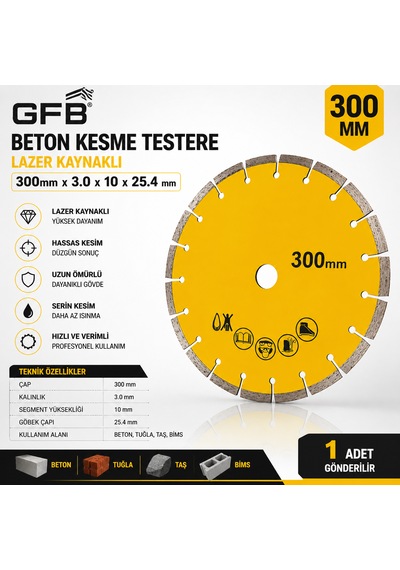 Beton Kesme Testeresi Lazer Kaynaklı Beton Tuğla Taş Bims Keser 300 X 3.0 X 10x25.4 Mm