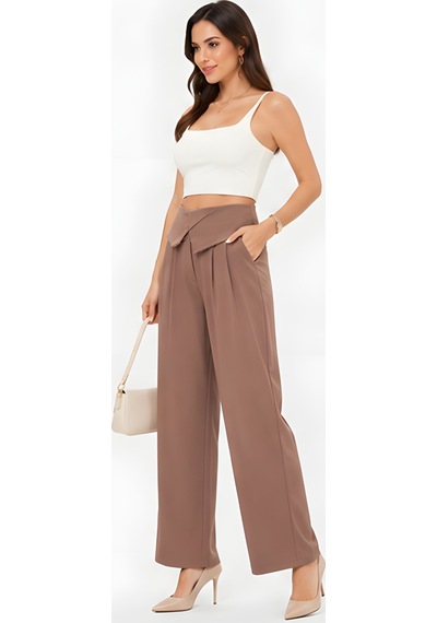 Lili Woman Kadın Drapeli Yüksek Bel Wide Leg Pantolon Kahve 51296