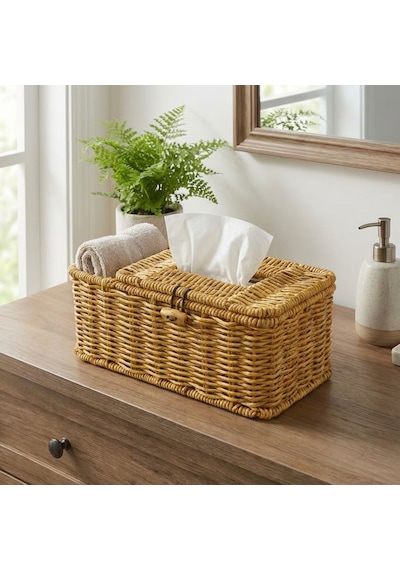 Buffer Bölmeli Kapaklı Doğal Rattan Görünümlü Hasır Makyaj, Takı Ve Havlu Düzenleyici Peçetelikli Çok Amaçlı Masaüstü Açık Kahverengi Buffer Bölmeli Kapaklı Doğal Rattan Görünümlü Hasır Makyaj, Takı Ve Havlu Düzenleyici Peçetelikli Çok Amaçlı Masaüstü Açık Kahverengi