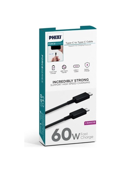 Phixi Cb460b Type-c To Type-c 60w Şarj Ve Data Kablosu Hızlı Şarj Siyah