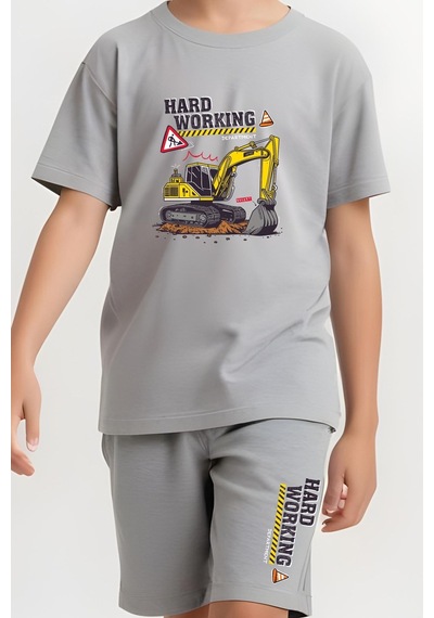 Fyk Kids Erkek Çocuk Tişört-şort Hard Working Baskılı Alt-üst Takım Gri
