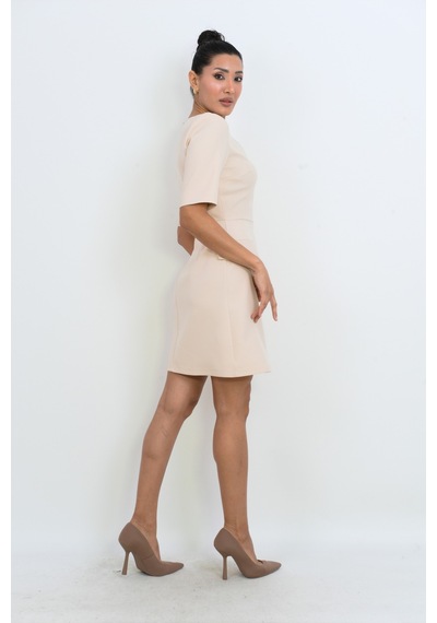 Dorne Moda Premium Cep Kapak Detaylı Mini Elbise - Düğün - Mezuniyet - Ofis Şıklığı Bej Bej