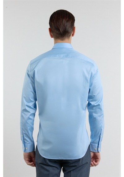 İmza Mavi Yarım İtalyan Yaka Saten Uzun Kol Premium Slim Fit Pamuk Gömlek 1004255195 XL
