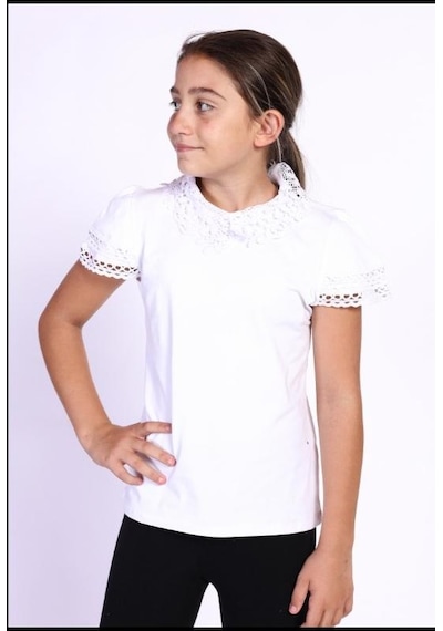 Toontoy Kids Toontoy Kız Çocuk Önü Dantelli Okul Tişört 11315 Ekru
