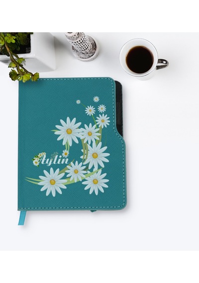 Kişiye Özel Papatya Temalı Turkuaz Termo Deri Defter-1
