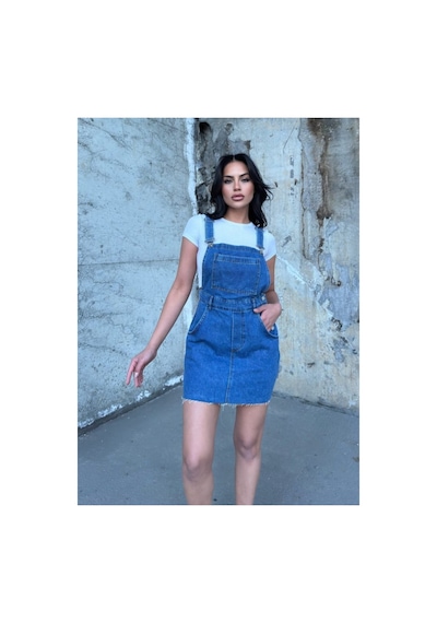 Kene Jeans Askılı Mavi Etek Ucu Kesik Arka Yırtmaç Detaylı Mini Kot Elbise Mavi
