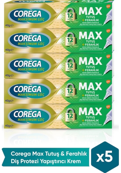 Corega Max Tutuş & Ferahlık Diş Protezi Yapıştırıcı Krem 40g x 5 Adet