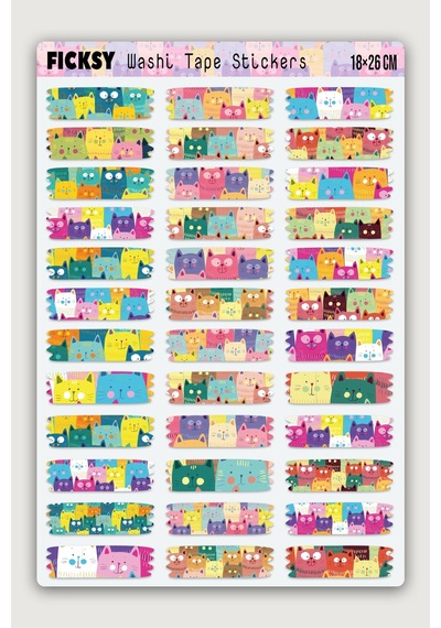 Sevimli Kedi Temalı Washi Tape Bant Sticker Seti - 36 Adet Şekilli Bant Etiket Çıkartma Diğer