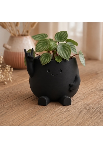 3d Baskı Smiley Face Planter - Gülümseyen Karakterli Saksı-siyah