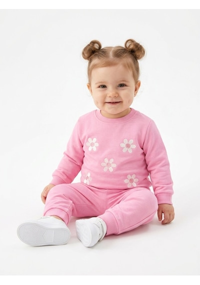 HelloBaby Pamuklu Papatya Detaylı 2li Kız Bebek Takım Pembe
