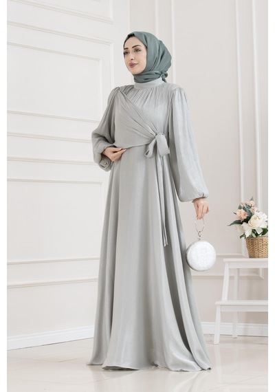 Yan Bağlamalı Simli Tesettür Abiye-mint Yeşili-5670