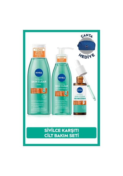 Derma Skin Clear Sivilce Karşıtı Yüz Temizleme Jeli 150ml, Tonik 200ml, Serum 30m, Çanta Hediye