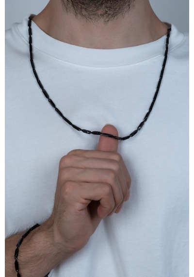 Dark Black Bambu Küp Unisex Çelik Kolye Ve Bileklik Seti Eck05S