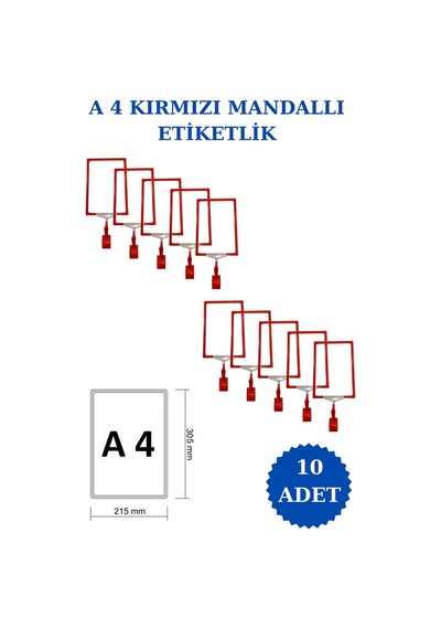 10 Adet Kırmızı A4 Mandallı Raf Sepet Etiketi Çerçeveli Etiketlik Kırmızı