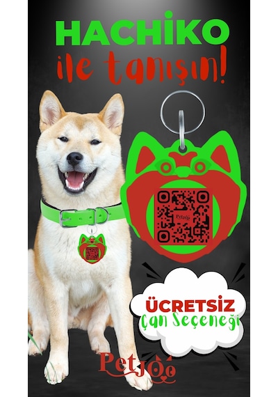 Petjoo 19.Hachiko Kırmızı-Yeşil Qr'lı Köpek Künyesi