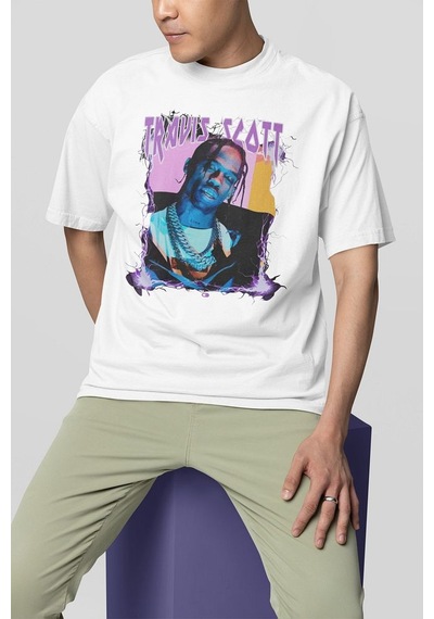 Şarkıcı Travis Scott Baskılı Unisex Oversize Rapper Tişört Beyaz