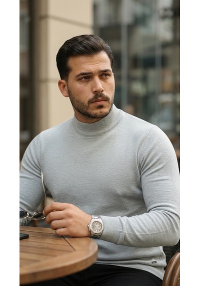 Etiler Collection Erkek Yarım Balıkçı Yaka Pamuklu Triko Açık Gri