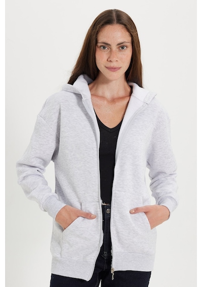 Tudors Kadın Oversize Geniş Kesim %100 Pamuk Kapüşonlu Fermuarlı Cepli Gri Sweatshirt-52773