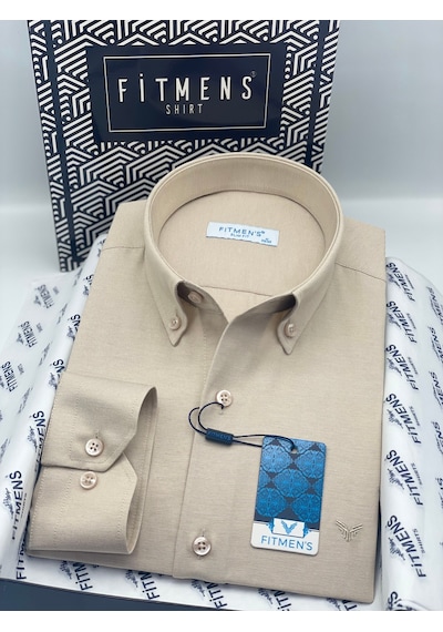 Slim Fit Uzun Kol Pamuklu Hediye Kutulu Kolay Ütülenebilir Erkek Gömlek Fs-002225 - Bej-3173