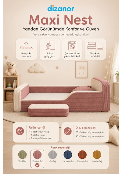 Dizanor Maxi Nest Pembe Fitilli Montessori Çocuk Karyolası Baza Başlık İç Yatak Seti 90 X 190 Cm