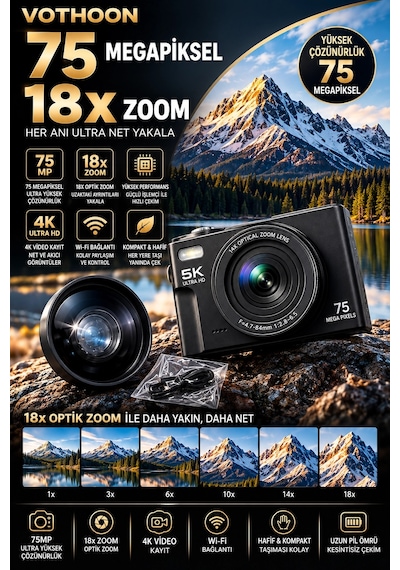 5k 75mp 18x Zoom Flaşlı 3 Flip Ekranlı Türkçe 32gb Kart Dijital Vlog Fotoğraf Makinesi Lens Hediyeli