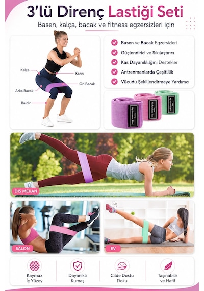 Deconitte 3 Lü Kumaş Direnç Lastiği Seti Kaymaz Pilates Fitness Kalça Bacak Egzersiz Squat Ve Loop Bandı Taşıma Çantalı Çok Renkli