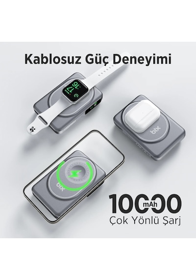 Bix Tpb16 10000 Mah Oled Ekranlı Manyetik Kablosuz Powerbank 20w Pd Hızlı Şarj Ve 15w Magsafe Gri Gri