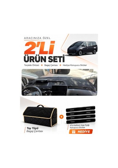 Hyundai Staria 2021-2025 Uyumlu Torpido Örtüsü + Tay Tüyü Bagaj Çantası + Sticker Seti - Siyah Bej