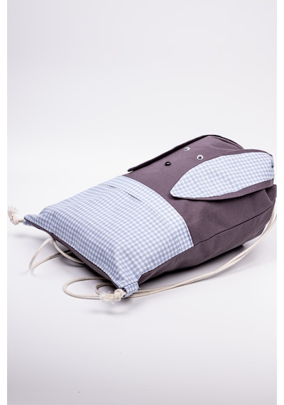 Fabric Craft Bag Tavşan Figürlü Çocuk Bez Çanta Mavi Kareli 33x45 Cm Büzgülü Koyu Gri