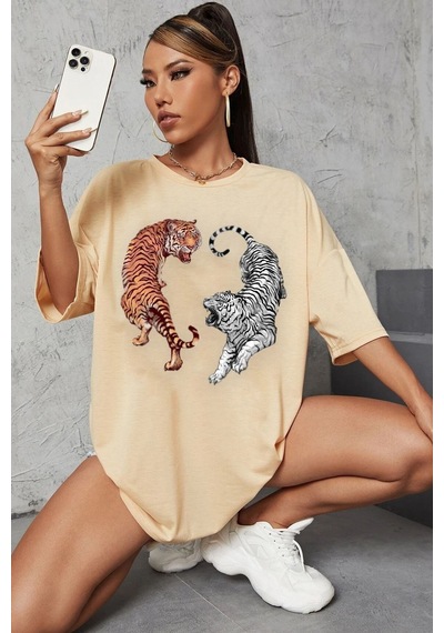Flood Of Style Unisex Tiger Baskılı T-shirt Bej