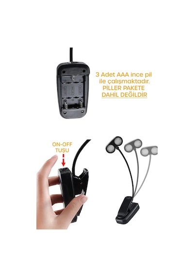 Ledli 2 Renk Işıklı Klipsli Mini Kitap Okuma Lambası Mandallı Masa Lambası Kitap Okuma Işığı 012 Siyah