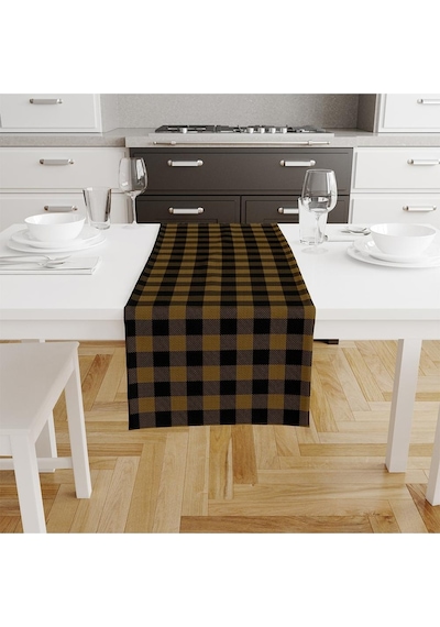 Sarı-siyah Kare Runner 140x45cm İnce Keten, Uluslararası Yıkama Ve Solmama Sertifikası Çok Renkli