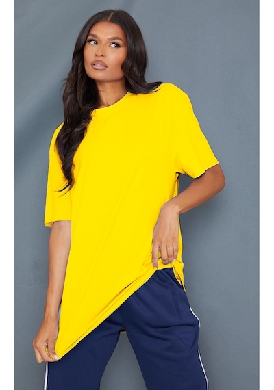 Düz Süprem T-shirt - Sarı Oversize Bisiklet Yaka Kısa Kol Tişört Sari