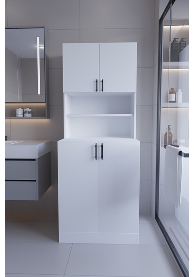 Leylak Çamaşır Makinesi Dolabı Çok Amaçlı Kapaklı Banyo Dolabı Çamaşır Odası Dolabı Beyaz