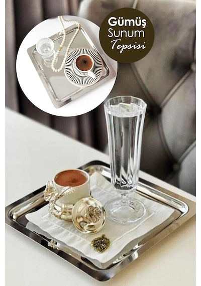 6'lı Silver Paslanmaz Çelik 21x21cm Kare Çay, Kahve, Pasta Servis Tepsisi Dekoratif Sunum Tepsisi