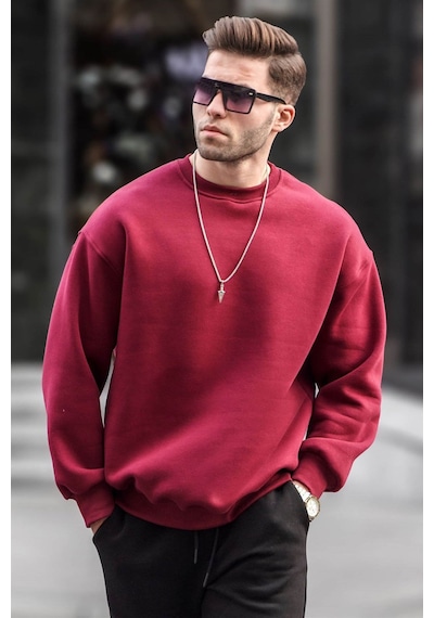 Madmext Bordo Bisiklet Yaka Oversize Şardonlu Basic Erkek Sweatshirt 6048 Bordo