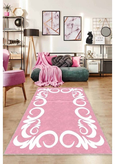 Pembe Çerçeveli Kaymaz Taban Makinede Yıkanabilir Halı Ar516n11