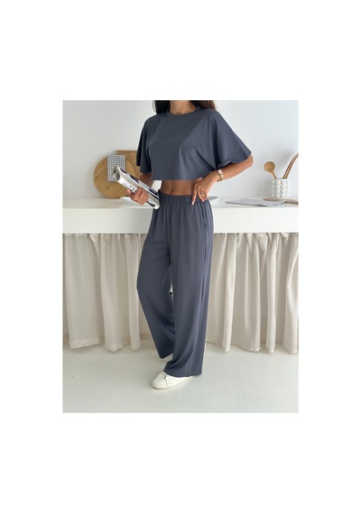Gugus Yazlık Takım - Alt Üst Kadın Dokulu Kumaş -baggy Pantolon + Salaş Üst Koyu Gri