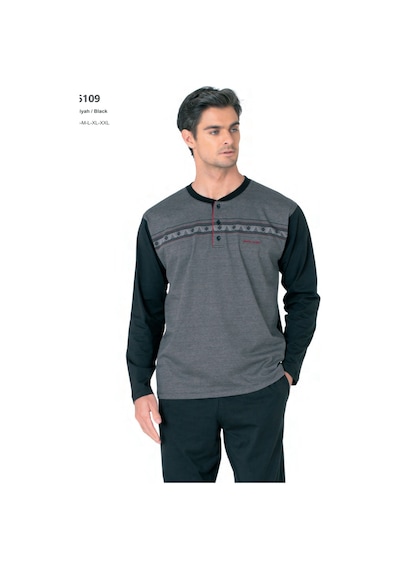 Pierre Cardin 6109 Erkek Uzun Kollu Yakası Düğmeli Pijama Takım-siyah Siyah